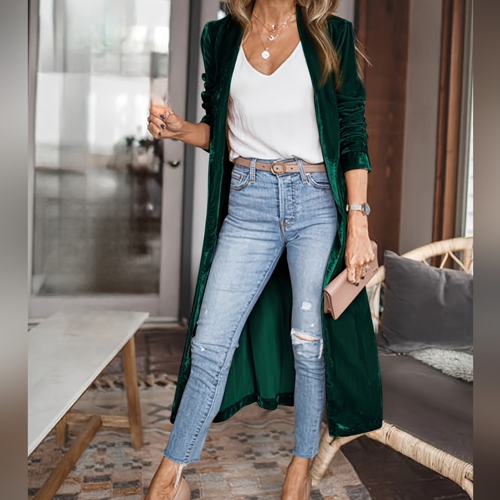 Green Long Sleeve Open Front Coat - Picture 6 of 14